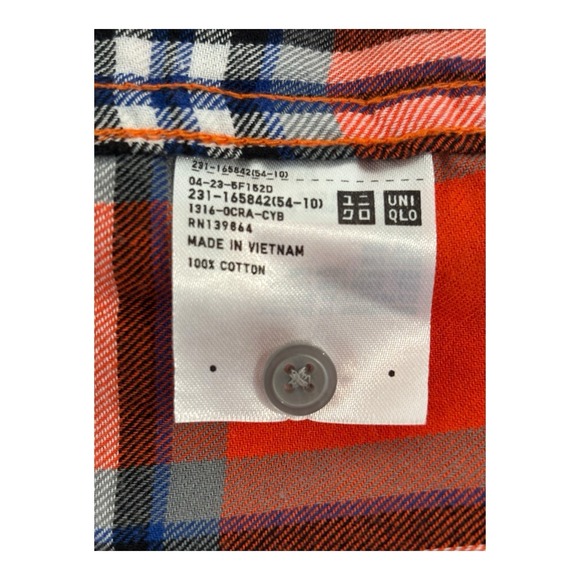 Uniqlo Top Womens XL Orange Plaid Flannel‎ Contrast Collar Pockets Lightweight - Picture 7 of 8